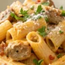 A close-up of creamy sausage rigatoni pasta served on a white plate with fresh parsley and parmesan cheese