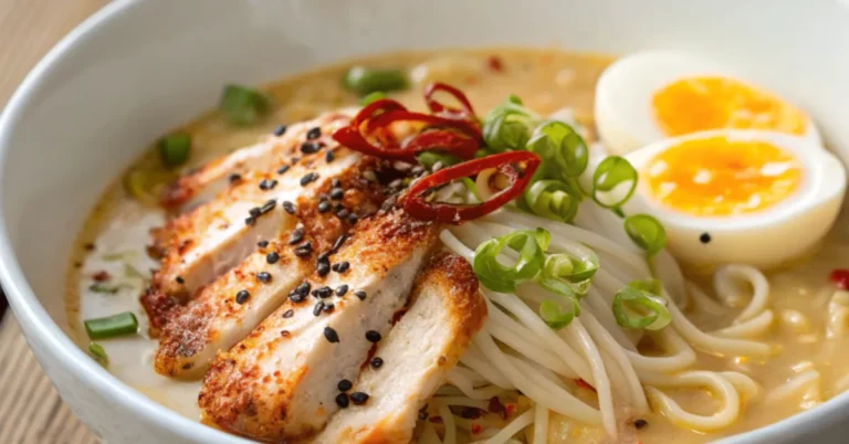 Close-up of Fiery Chicken Ramen with Creamy Garlic Sauce topped with egg, scallions, and chili oil in a white bowl