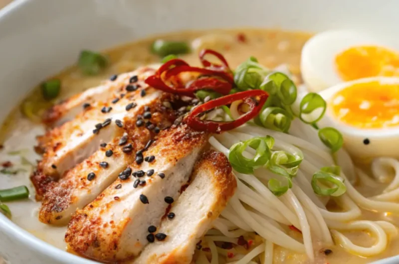 Close-up of Fiery Chicken Ramen with Creamy Garlic Sauce topped with egg, scallions, and chili oil in a white bowl