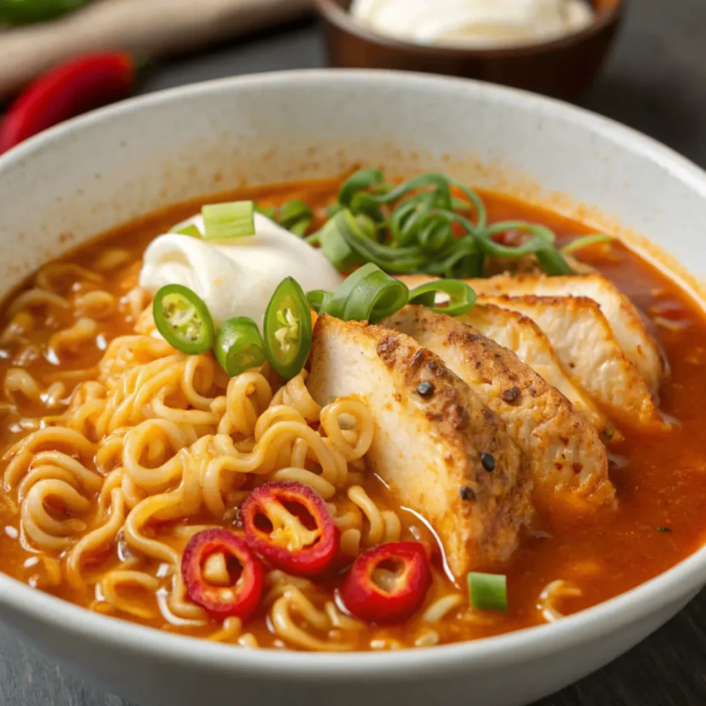 Close-up of Fiery Chicken Ramen with Creamy Garlic Sauce topped with egg, scallions, and chili oil in a white bowl