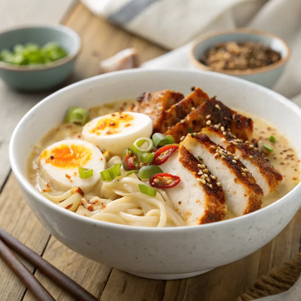 Close-up of Fiery Chicken Ramen with Creamy Garlic Sauce topped with egg, scallions, and chili oil in a white bowl