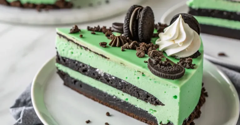 Close-up of a creamy green velvet Oreo cheesecake slice with crunchy Oreo crust on a white plate