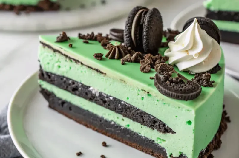 Close-up of a creamy green velvet Oreo cheesecake slice with crunchy Oreo crust on a white plate