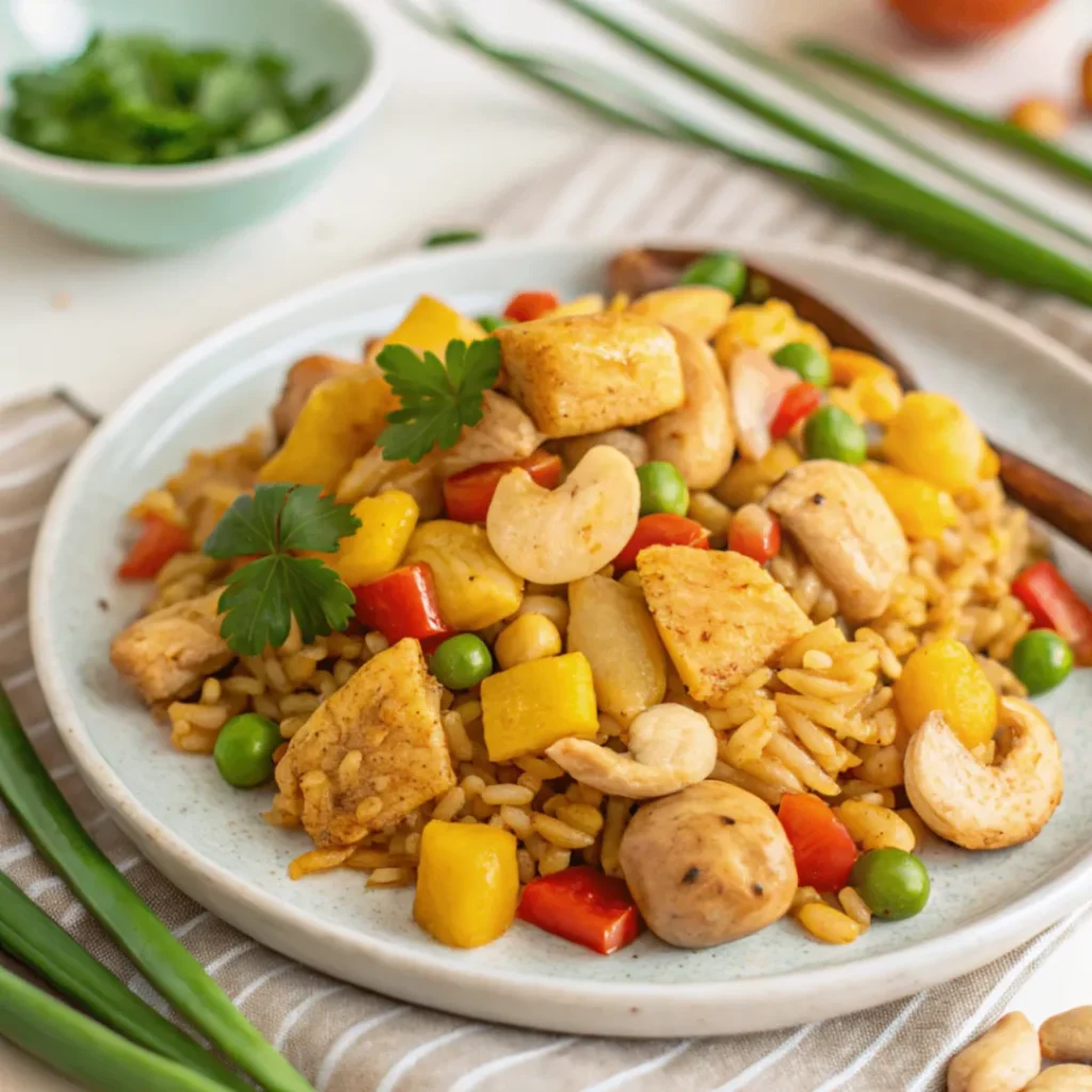 Close-up of pineapple chicken fried rice with chicken, vegetables, and pineapple chunks served on a white plate