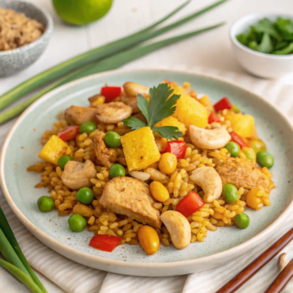 Close-up of pineapple chicken fried rice with chicken, vegetables, and pineapple chunks served on a white plate
