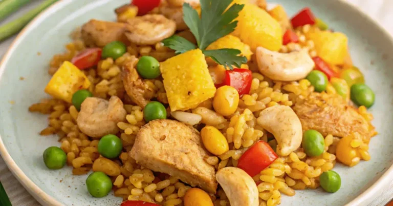 Close-up of pineapple chicken fried rice with chicken, vegetables, and pineapple chunks served on a white plate