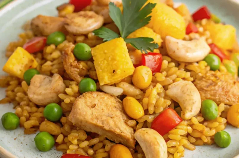 Close-up of pineapple chicken fried rice with chicken, vegetables, and pineapple chunks served on a white plate