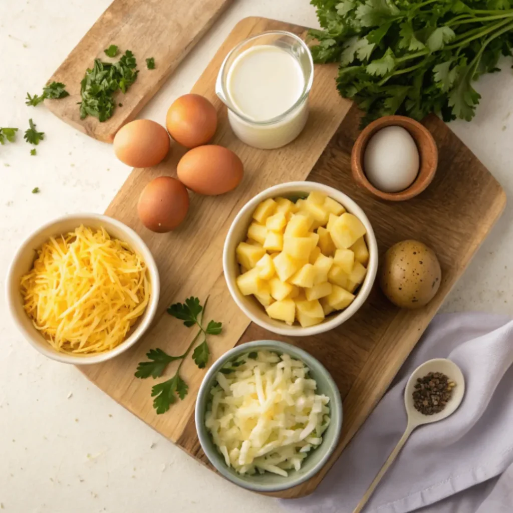 Fresh ingredients ready for a delicious Cheesy Potato Egg Scramble – easy, wholesome, and full of flavor