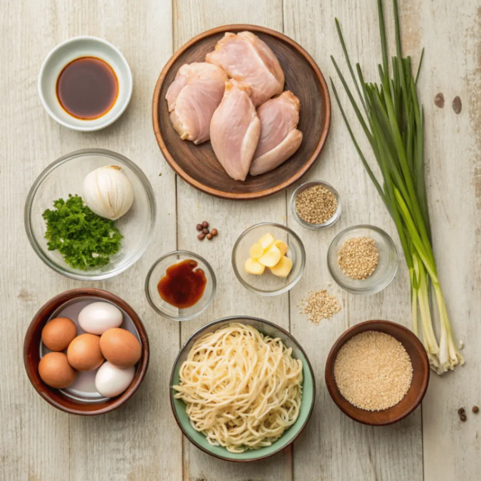 Flat lay of fresh ingredients used to make Fiery Chicken Ramen with Creamy Garlic Sauce, including garlic, chicken, chili oil, soy sauce, and ramen noodles.