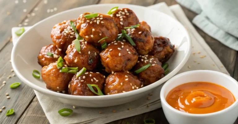 Close-up of Korean BBQ meatballs glazed with sticky sauce, sprinkled with sesame seeds and scallions, served with spicy mayo dip in a white bowl