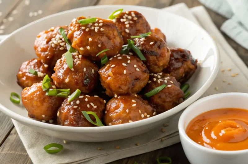 Close-up of Korean BBQ meatballs glazed with sticky sauce, sprinkled with sesame seeds and scallions, served with spicy mayo dip in a white bowl