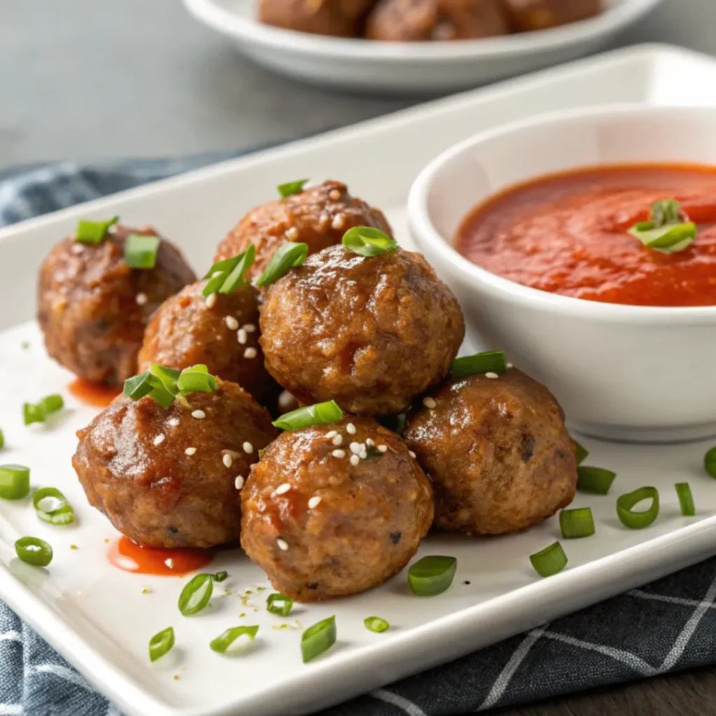 Close-up of Korean BBQ meatballs glazed with sticky sauce, sprinkled with sesame seeds and scallions, served with spicy mayo dip in a white bowl
