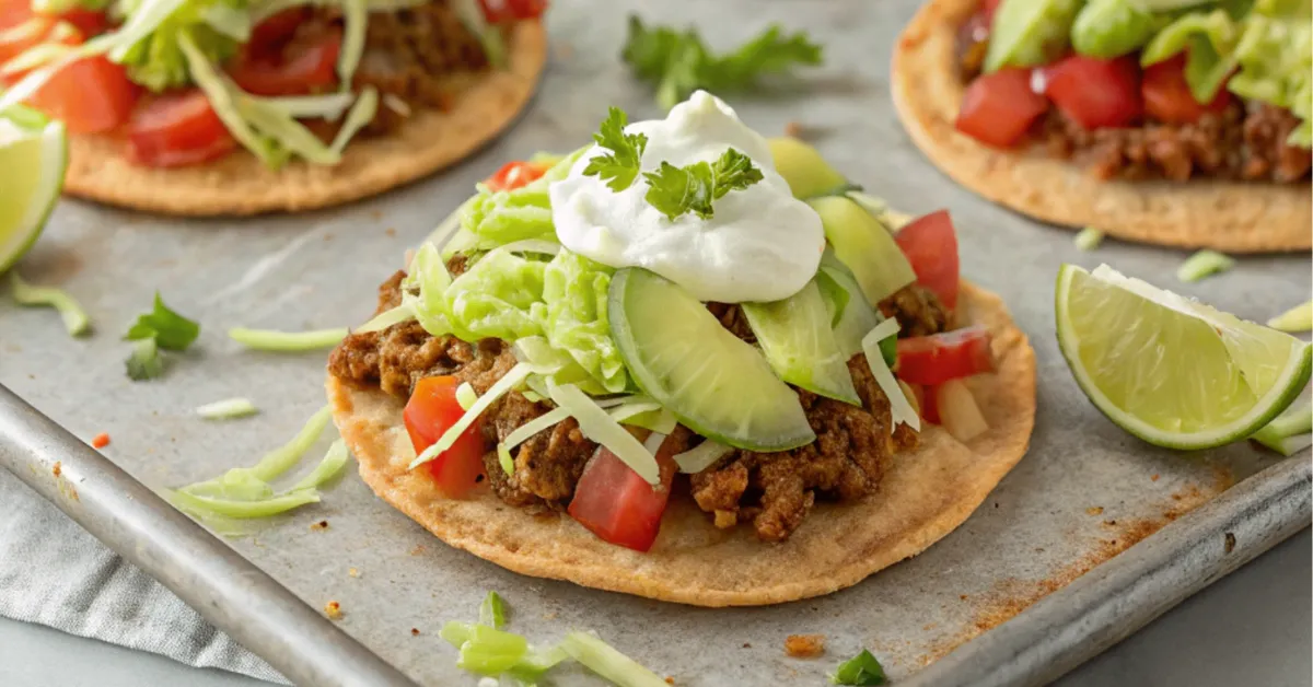 Close-up of crispy Mini Sheet Pan Tostadas topped with beans, cheese, avocado, and cilantro on a white plate