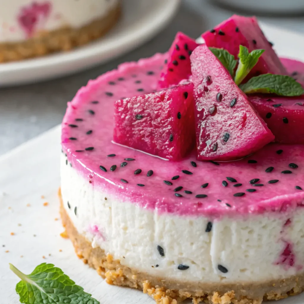 Close-up of no bake dragon fruit mini cheesecakes in glass jars topped with fresh dragon fruit cubes and mint leaves on a rustic wooden table