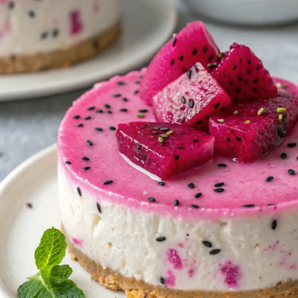 Close-up of no bake dragon fruit mini cheesecakes in glass jars topped with fresh dragon fruit cubes and mint leaves on a rustic wooden table