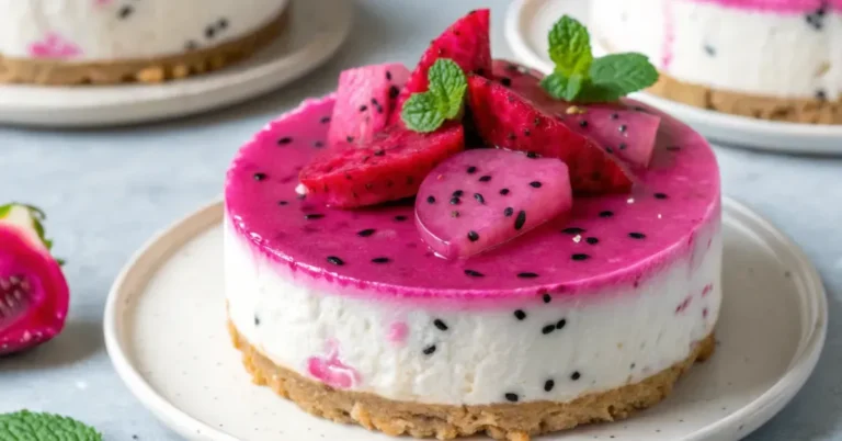 Close-up of no bake dragon fruit mini cheesecakes in glass jars topped with fresh dragon fruit cubes and mint leaves on a rustic wooden table