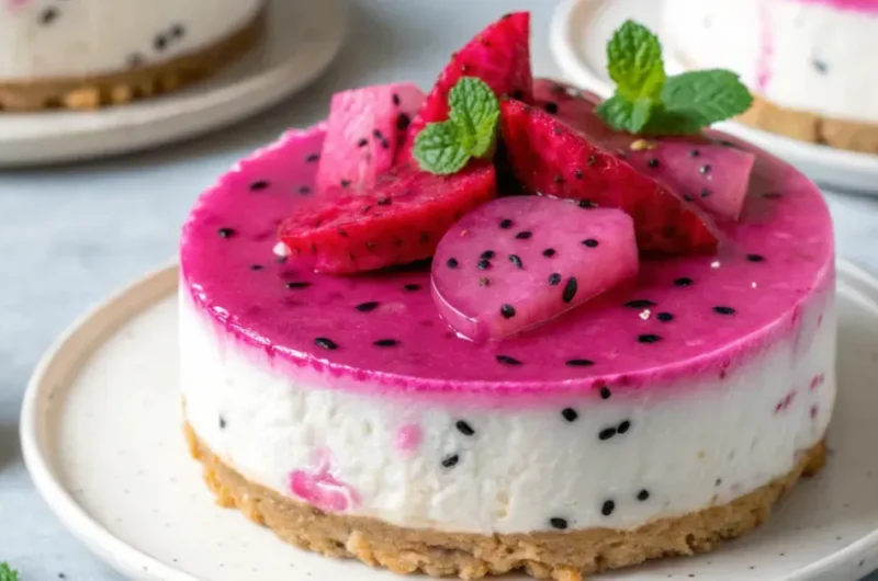 Close-up of no bake dragon fruit mini cheesecakes in glass jars topped with fresh dragon fruit cubes and mint leaves on a rustic wooden table