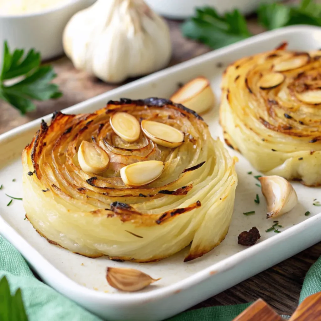 Oven Roasted Garlic Cabbage Steaks served on a white plate with golden crispy edges and garlic herb topping