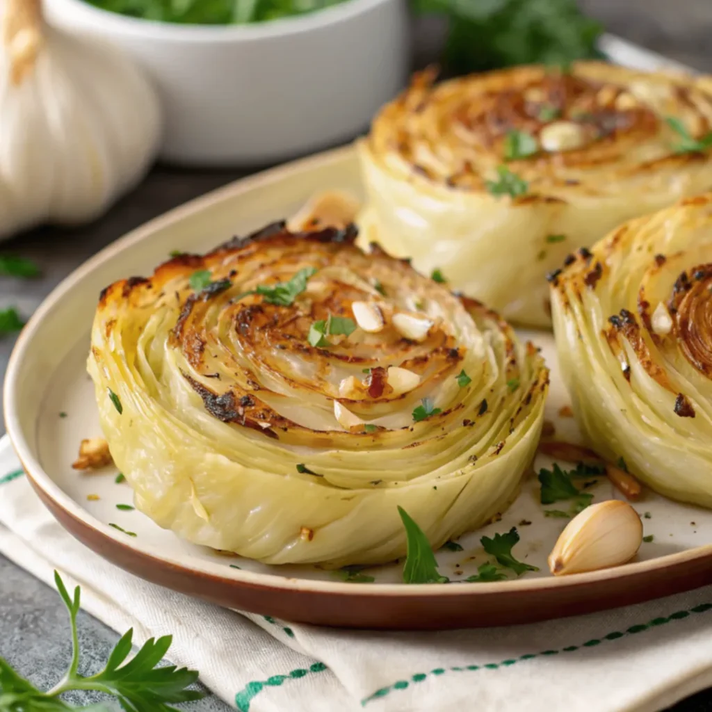 Oven Roasted Garlic Cabbage Steaks served on a white plate with golden crispy edges and garlic herb topping