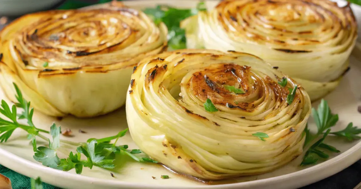 Oven Roasted Garlic Cabbage Steaks served on a white plate with golden crispy edges and garlic herb topping