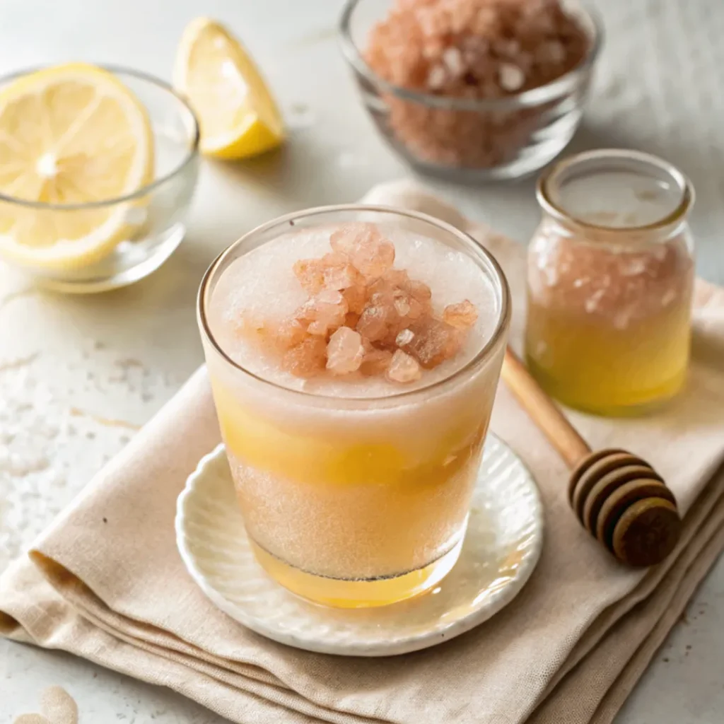 Warm morning detox drink made with lemon, Himalayan pink salt, and honey in a clear glass