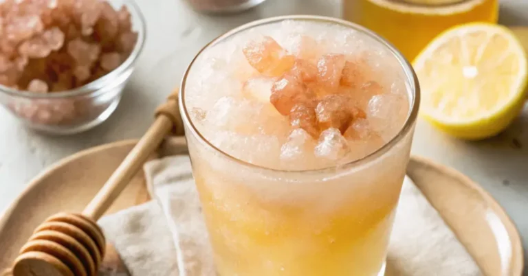 Warm morning detox drink made with lemon, Himalayan pink salt, and honey in a clear glass