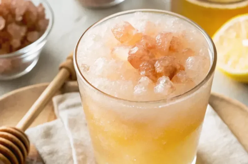 Warm morning detox drink made with lemon, Himalayan pink salt, and honey in a clear glass