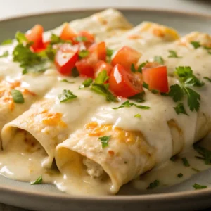 Close-up of creamy white chicken enchiladas topped with melted cheese and cilantro in a white serving dish