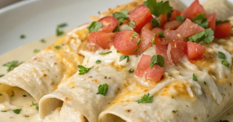 Close-up of creamy white chicken enchiladas topped with melted cheese and cilantro in a white serving dish