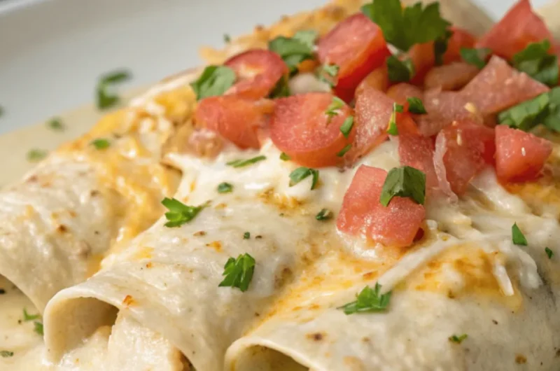 Close-up of creamy white chicken enchiladas topped with melted cheese and cilantro in a white serving dish