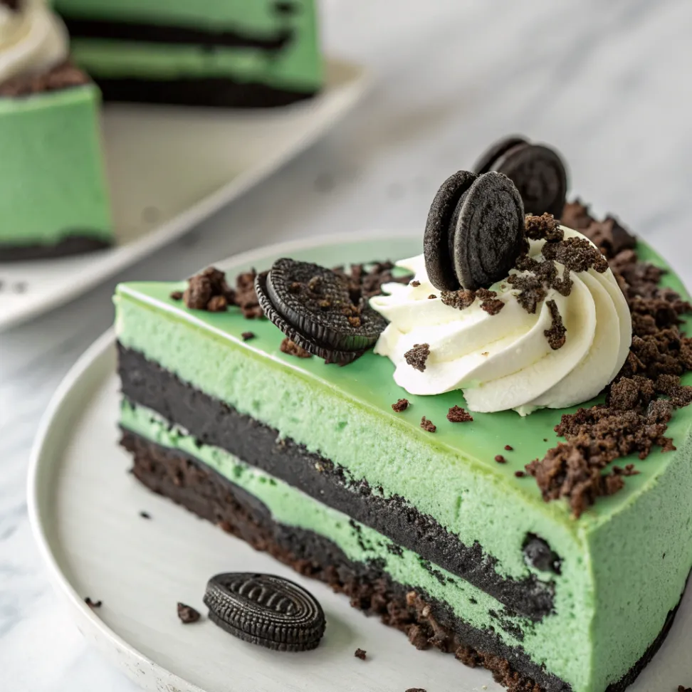 Close-up of a creamy green velvet Oreo cheesecake slice with crunchy Oreo crust on a white plate