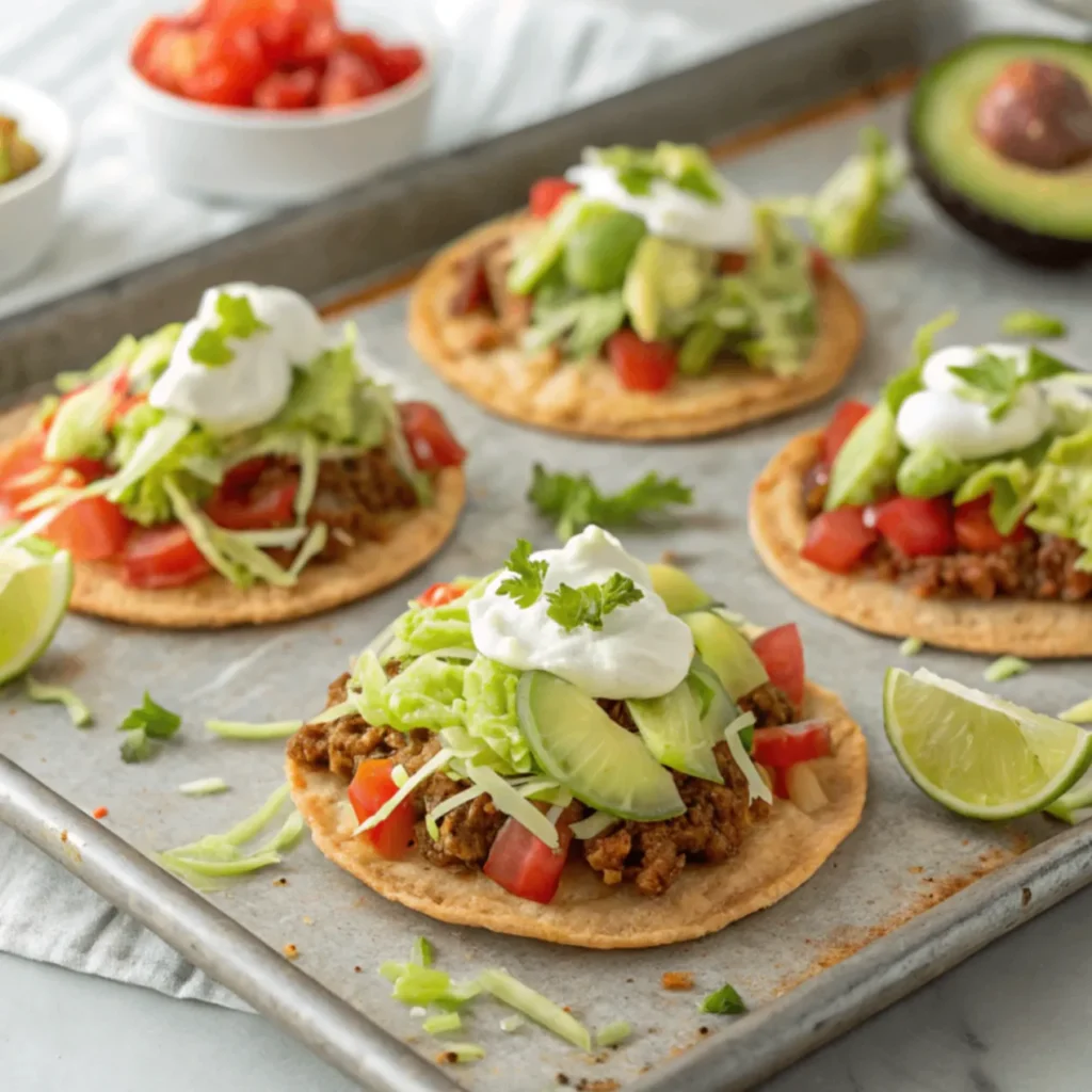 Close-up of crispy Mini Sheet Pan Tostadas topped with beans, cheese, avocado, and cilantro on a white plate