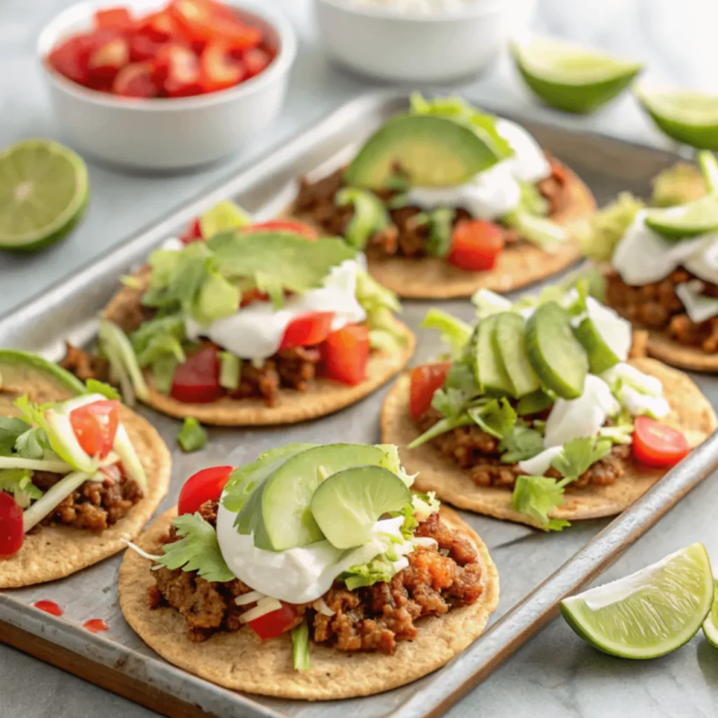 Close-up of crispy Mini Sheet Pan Tostadas topped with beans, cheese, avocado, and cilantro on a white plate