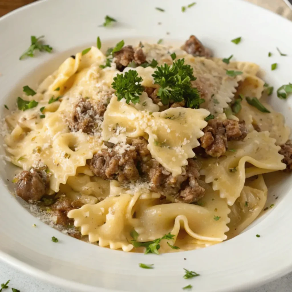 A close-up overhead photo of creamy Parmesan garlic beef bowtie pasta served on a white plate with garnished parsley