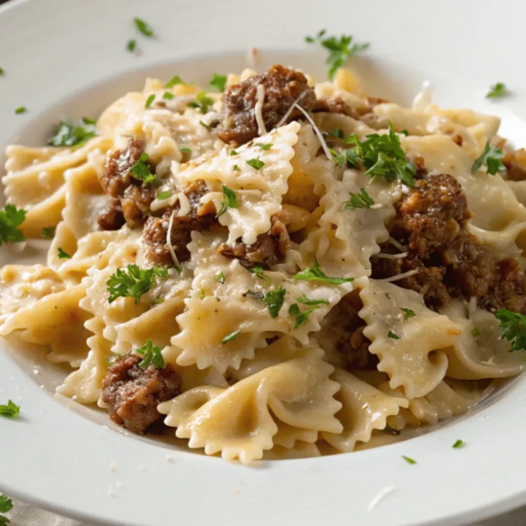 A close-up overhead photo of creamy Parmesan garlic beef bowtie pasta served on a white plate with garnished parsley