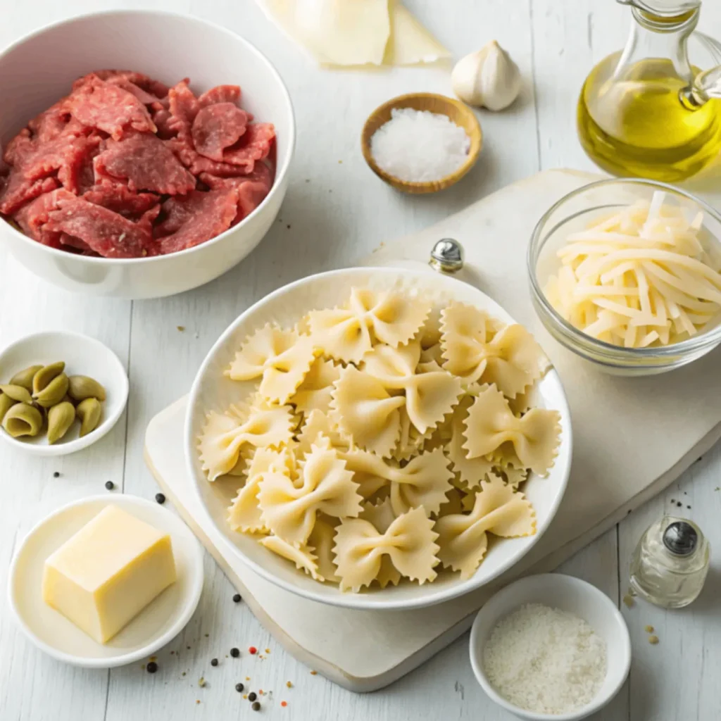 Ingredients for Creamy Parmesan Garlic Beef Bowtie Pasta – Fresh, Flavorful, and Ready to Cook