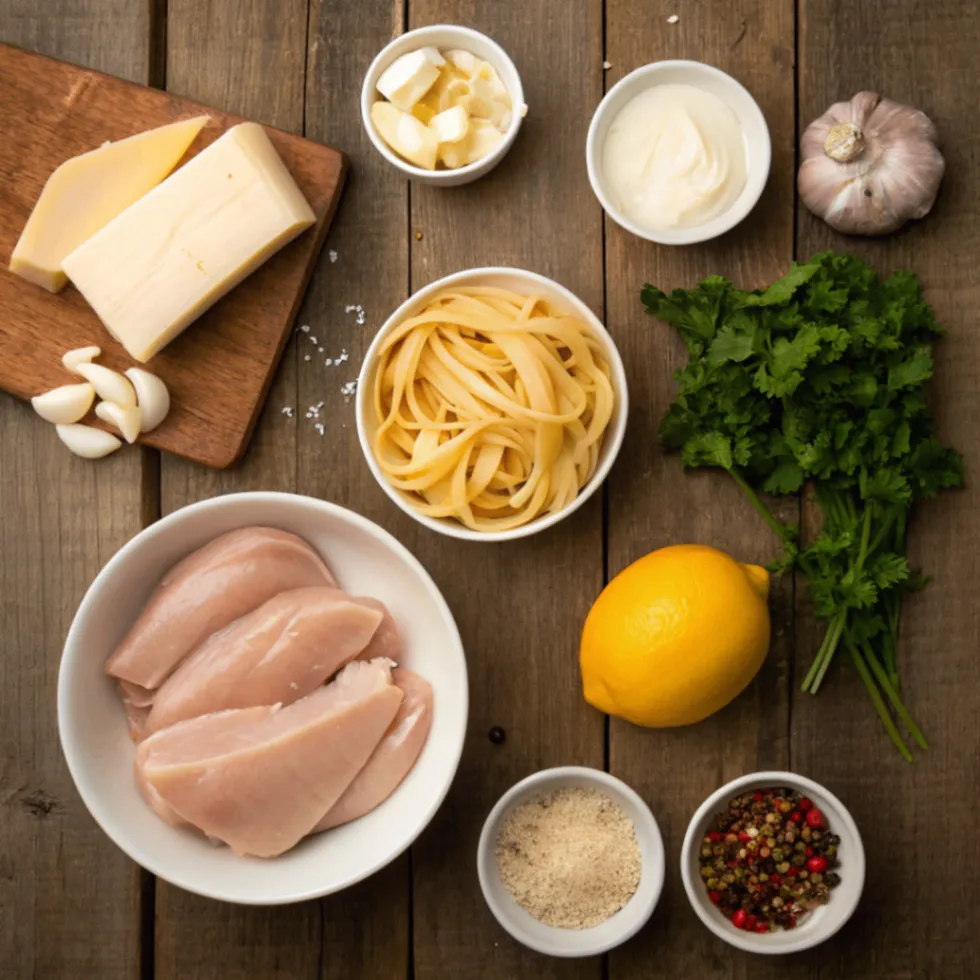 Top-down photo of raw ingredients for Creamy Cowboy Butter Chicken Linguine, including chicken, pasta, garlic, butter, cream, parsley, and spices on a rustic table