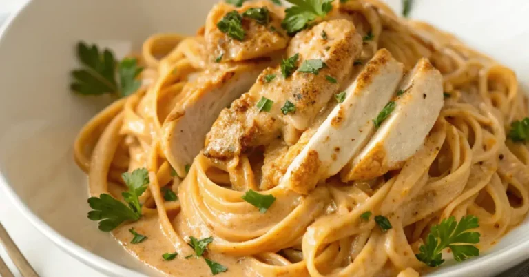 Close-up of Creamy Cowboy Butter Chicken Linguine with seared chicken, creamy sauce, and fresh parsley served in a white plate