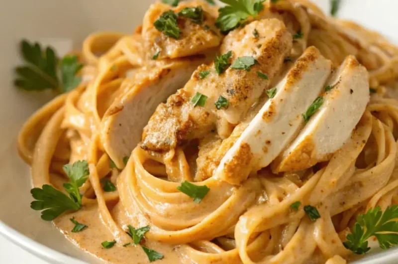 Close-up of Creamy Cowboy Butter Chicken Linguine with seared chicken, creamy sauce, and fresh parsley served in a white plate