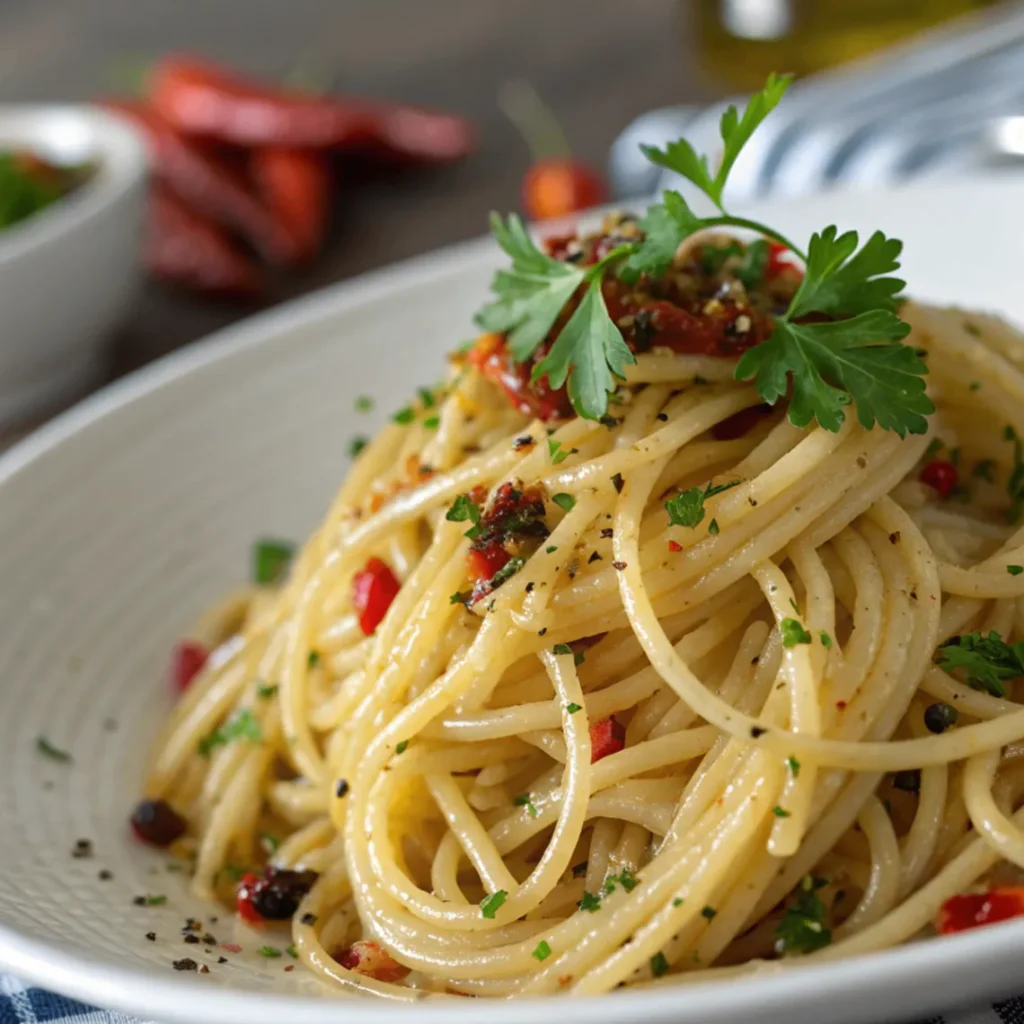 A plate of Spaghetti Aglio e Olio with golden garlic slices, chili flakes, and parsley on a white ceramic dish.