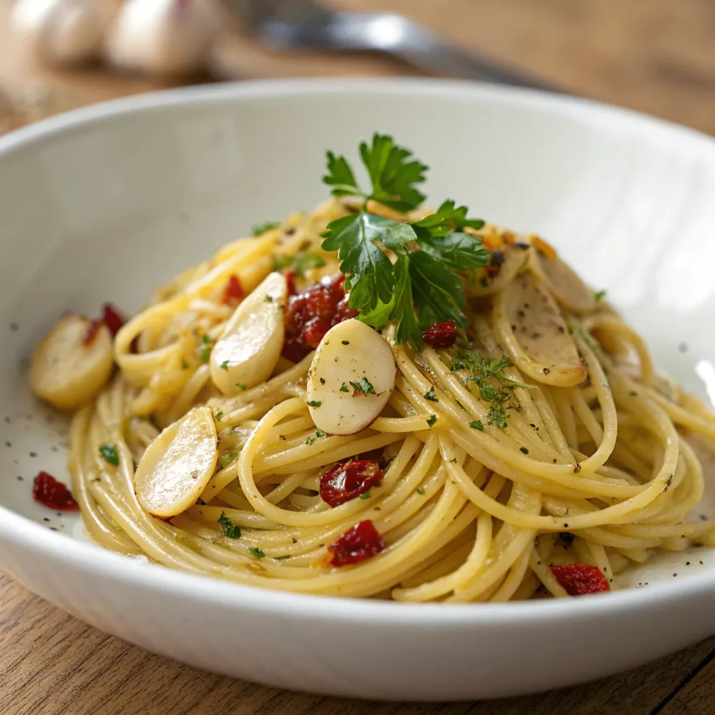 A plate of Spaghetti Aglio e Olio with golden garlic slices, chili flakes, and parsley on a white ceramic dish.