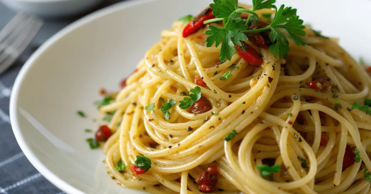 A plate of Spaghetti Aglio e Olio with golden garlic slices, chili flakes, and parsley on a white ceramic dish.