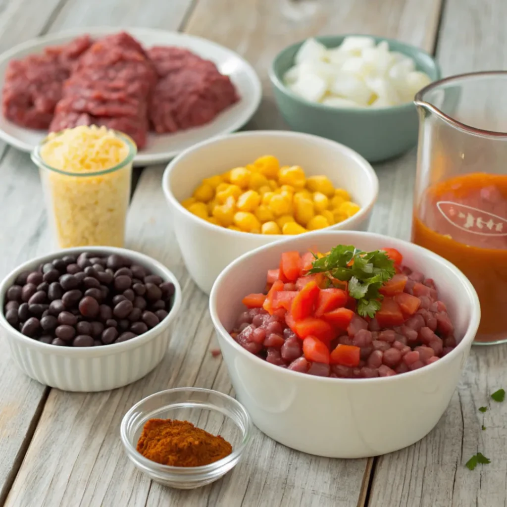 Close-up of fresh ingredients for Easy Taco Soup including ground beef, chopped onions, minced garlic, black beans, kidney beans, corn, diced tomatoes, taco seasoning, and beef broth on a rustic wooden table