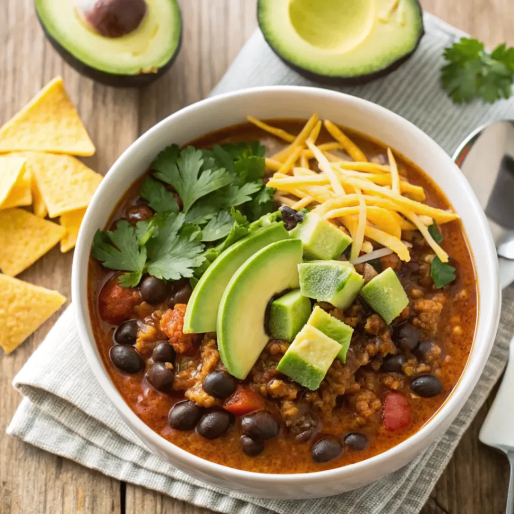 Close-up of a bowl of Easy Taco Soup topped with cheese, avocado, tortilla chips, and cilantro in a white ceramic bowl on a rustic table