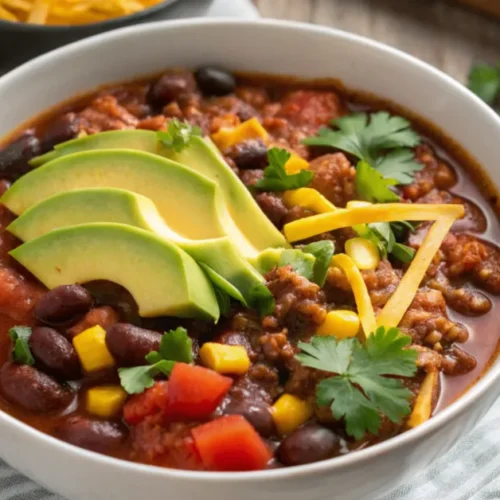 Close-up of a bowl of Easy Taco Soup topped with cheese, avocado, tortilla chips, and cilantro in a white ceramic bowl on a rustic table