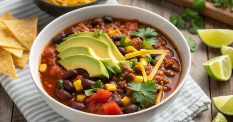 Close-up of a bowl of Easy Taco Soup topped with cheese, avocado, tortilla chips, and cilantro in a white ceramic bowl on a rustic table