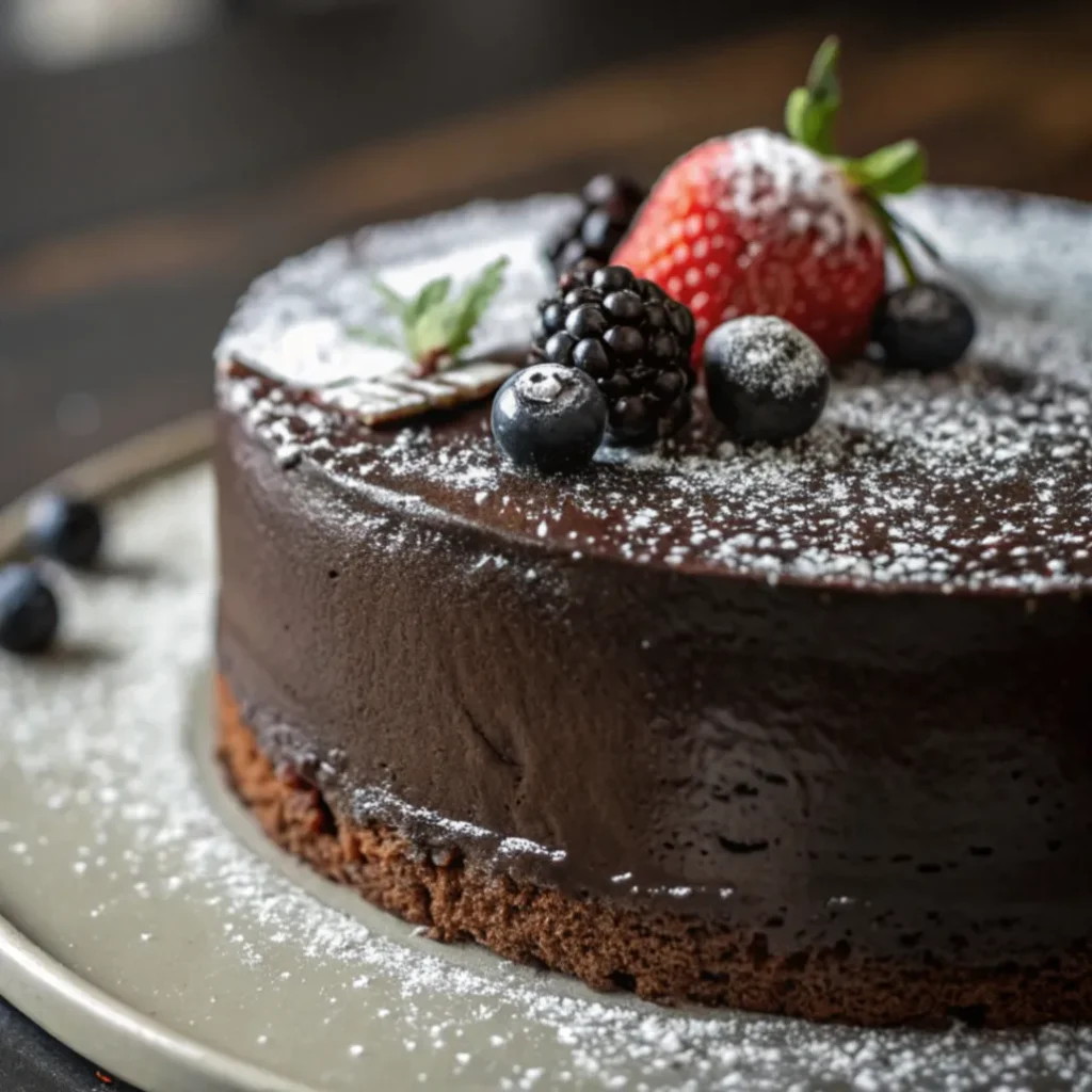Flourless Chocolate Cake slice on white plate with powdered sugar and berries