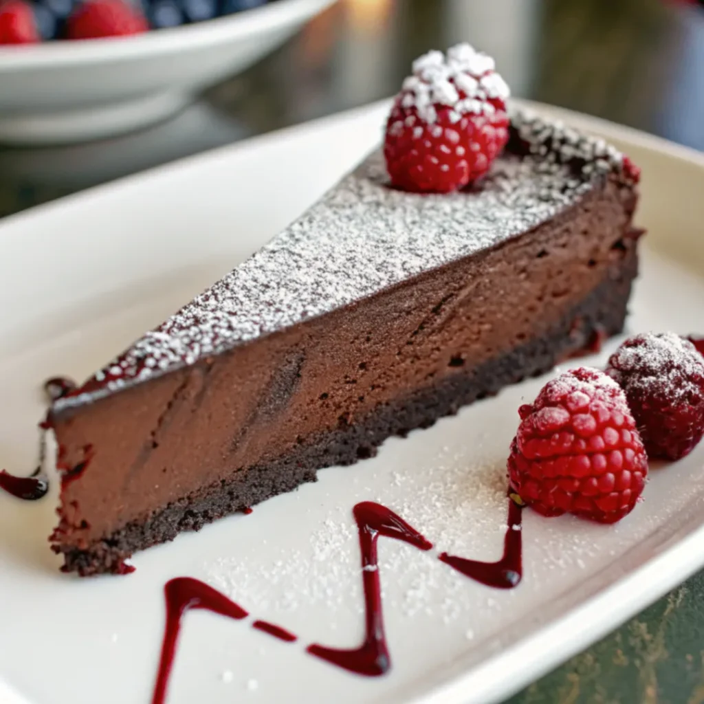 Flourless Chocolate Cake slice on white plate with powdered sugar and berries
