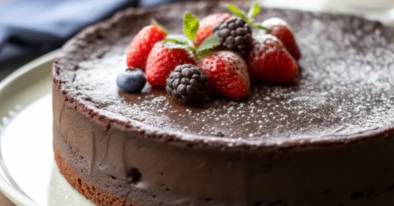 Flourless Chocolate Cake slice on white plate with powdered sugar and berries