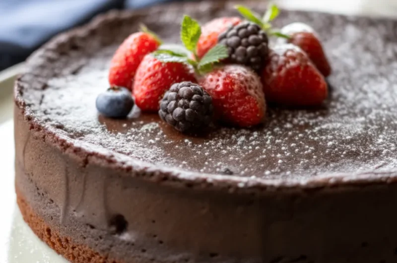 Flourless Chocolate Cake slice on white plate with powdered sugar and berries